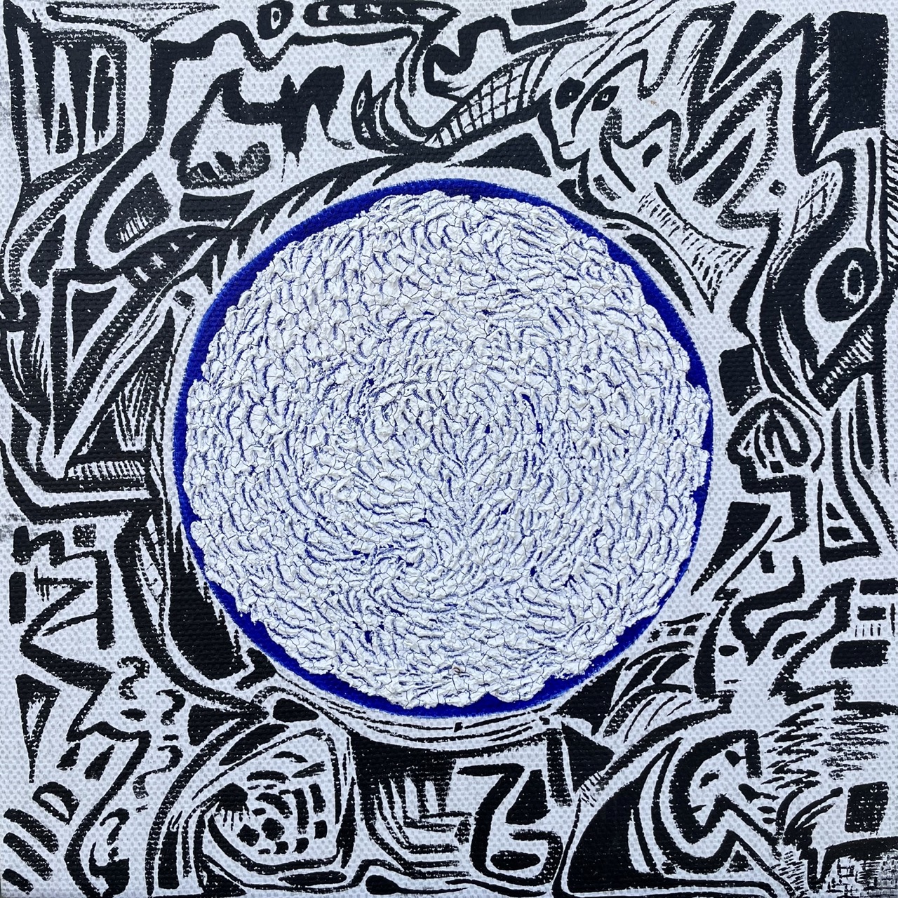 Hold your center - grounding abstract painting by Lya Helia, 50x50cm mixed media on linen canvas